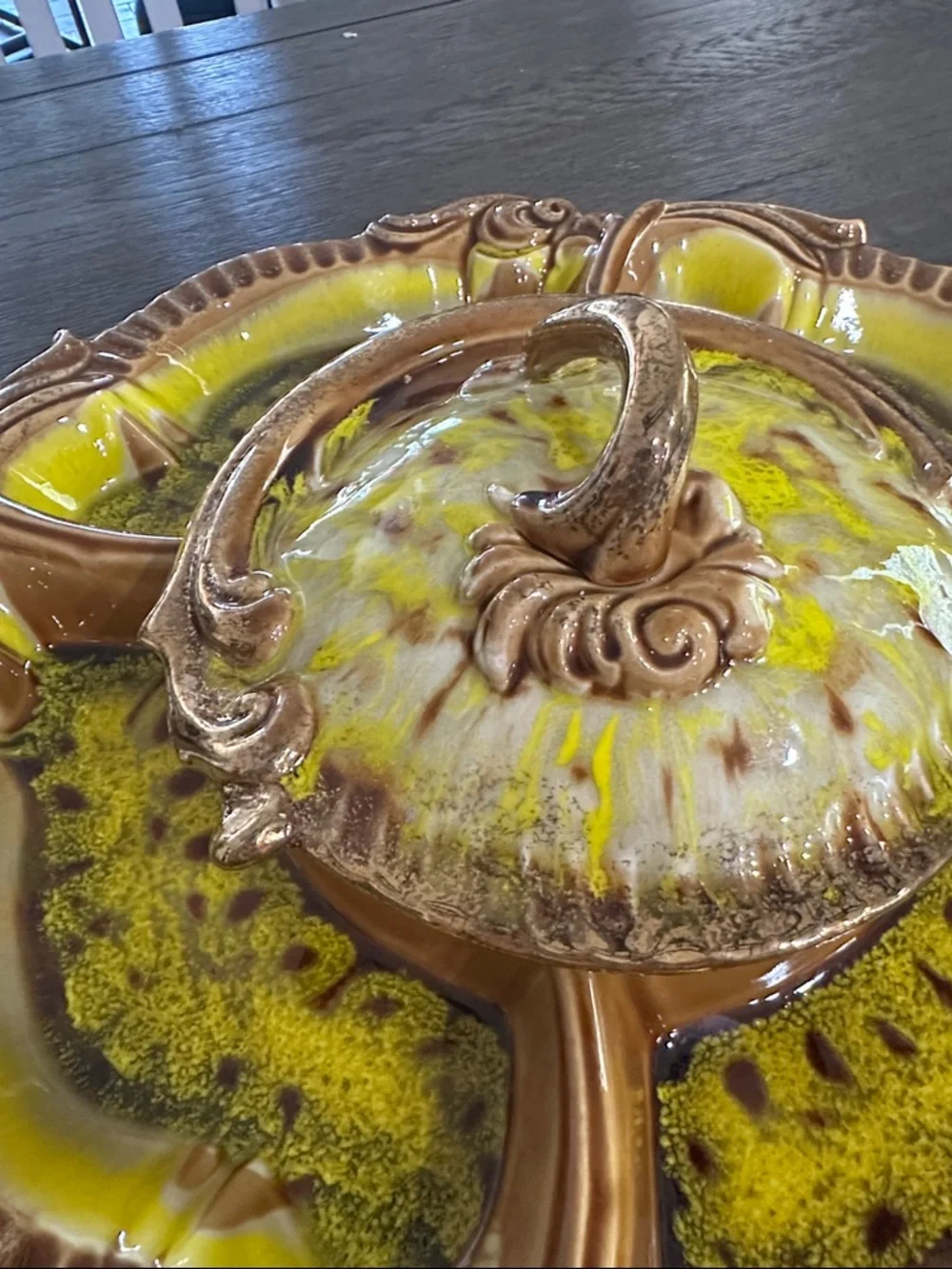 Maurice Ceramic of California Vintage Yellow, Gold & Brown Ceramic lazy Susan.